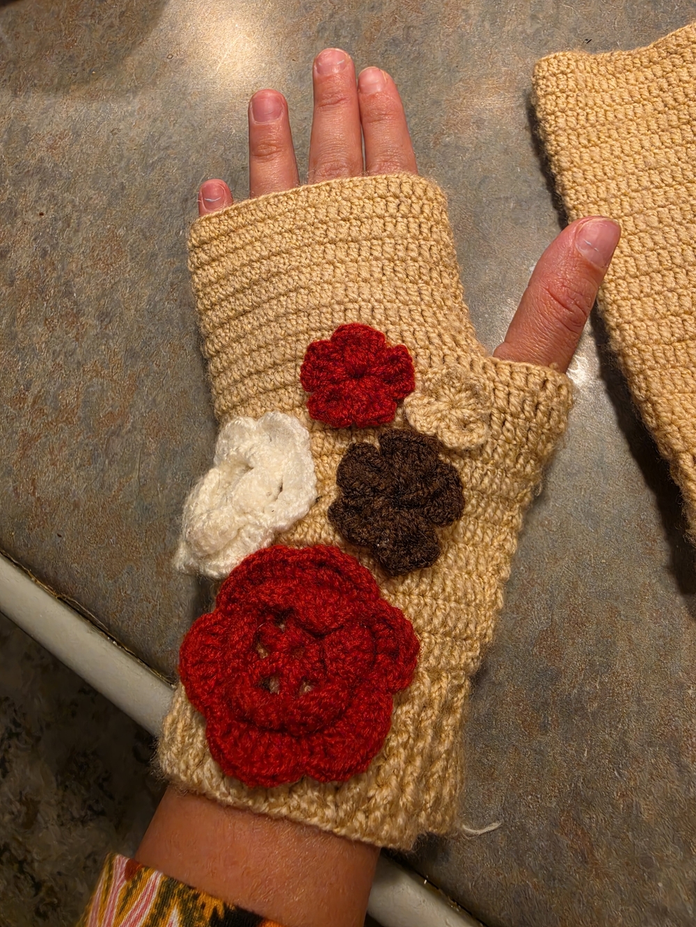 Handmade Beige Crocheted Fingerless Gloves with Red Flower Accent